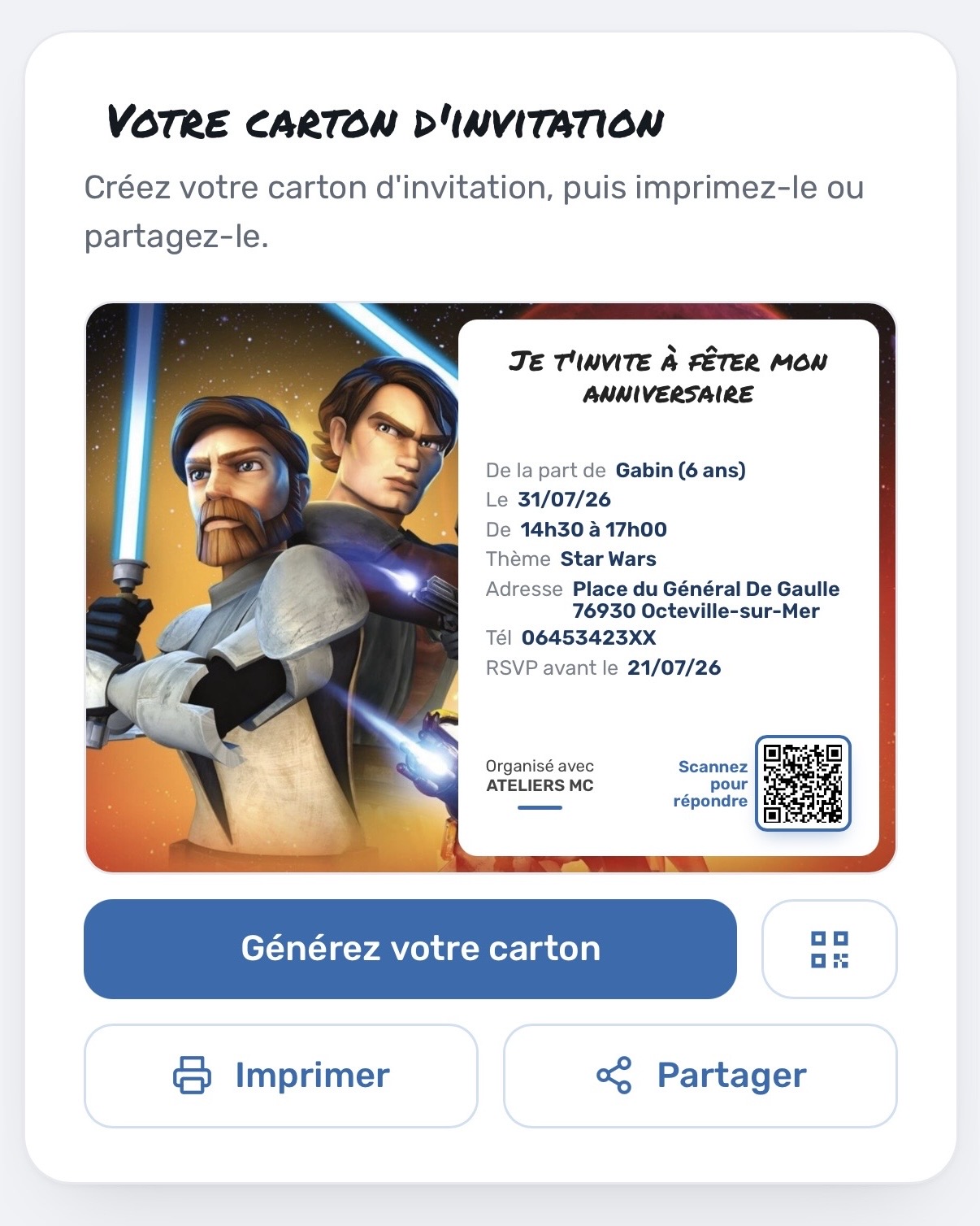 Le carton d'invitation, prêt à imprimer ou à partager