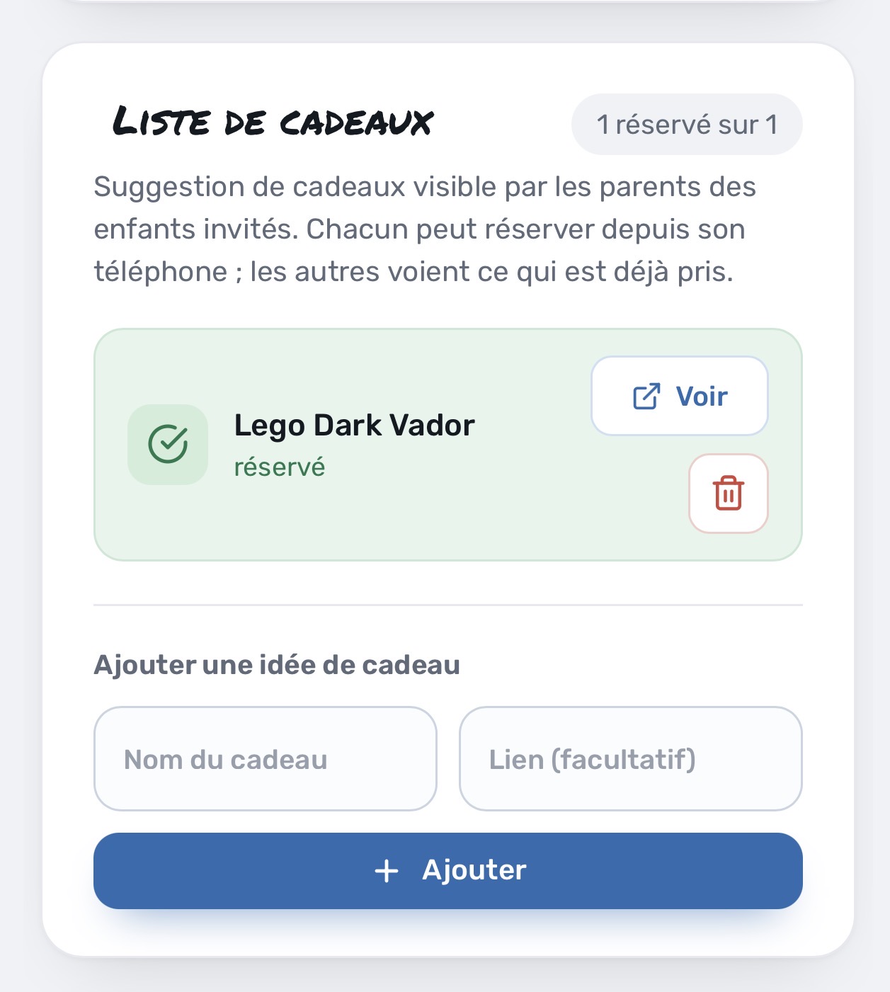 La liste de cadeaux, avec une idée déjà réservée